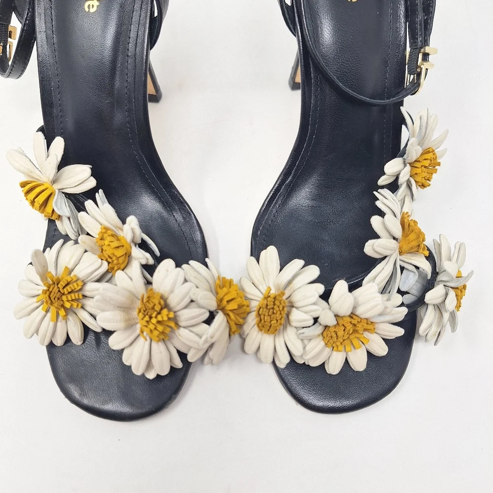 LARROUDÉ Fiore Daisy Appliqués Ankle Strap Sandals Stilletto Heel